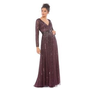 NWT Mac Duggal 4977 V- Neck Illusion Sleeve A-Line Gown in Mulberry Size 12